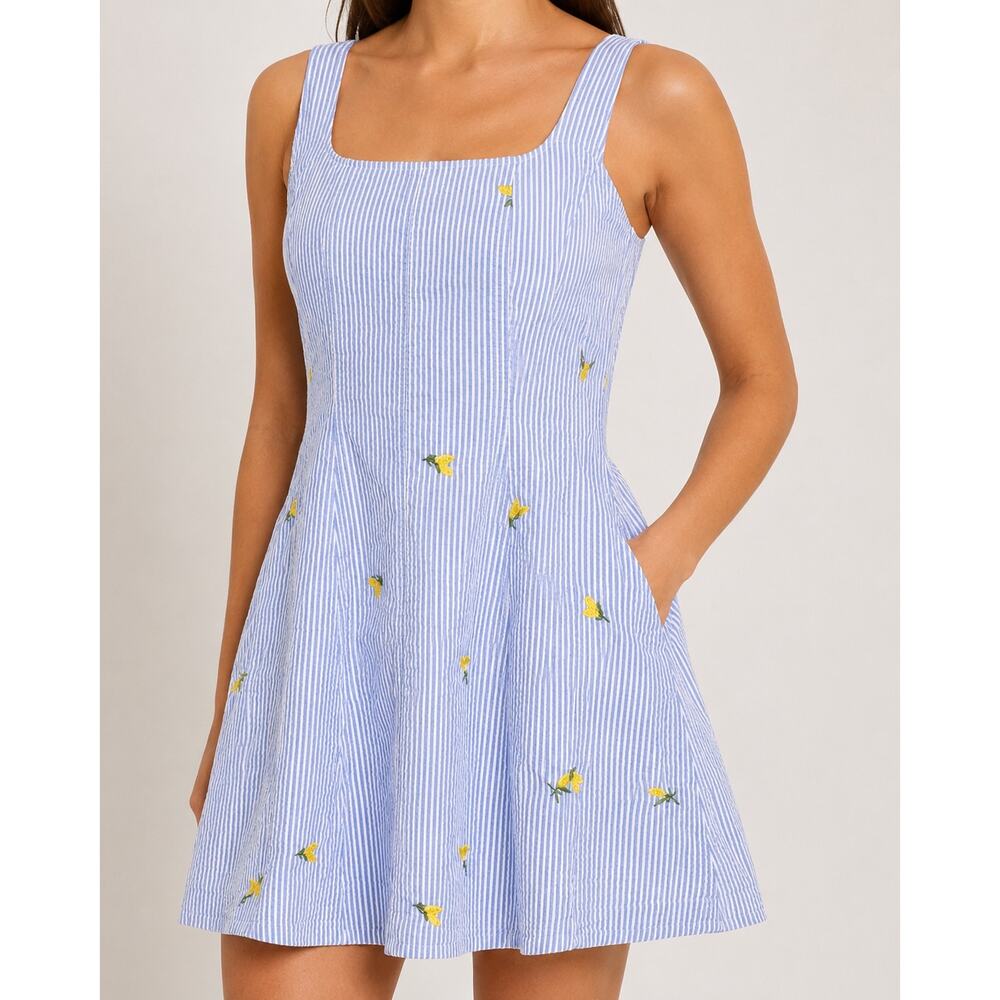 Free Assembly Small 100% Cotton Lemon Embroidered Stripe Seersucker Sundress